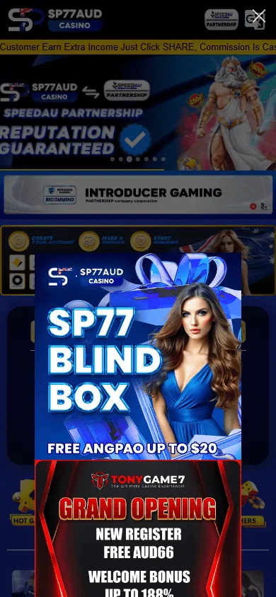 Sp77 Casino home screen on a mobile device
