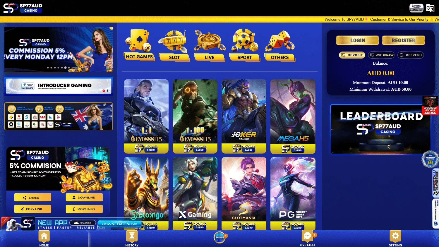 Sp77 Casino home screen on desktop